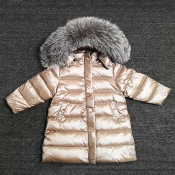 Ilgi bērnu dūnu jaka zēniem un meitenēm dabisko matu apkakles uz leju mētelis - 30 grādiem, ziemas apģērbi