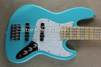 Augstākās kvalitātes FDJB-5018 debesis zilas krāsas cieto basswood ķermeņa balto plāksni 5 stīgas elektriskajām Jazz Bass , Bezmaksas piegāde