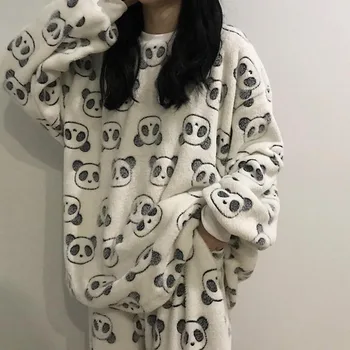 Mājas Tērps Gudrs Ziemas Sievieti Flaneļa Pidžamas Panda Izdrukāt Mājās Drēbes Bieza Pijama Pyjama Femme 