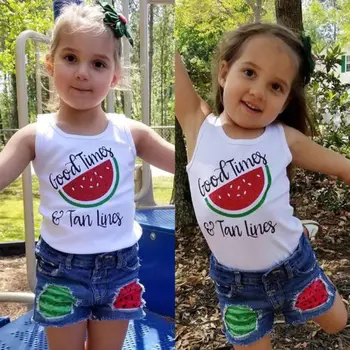 Baby Toddler Meitene Arbūzs Tērpiem Balts Tank tops + Džinsa Ripped Šorti 2gab Vasaras Apģērbu Komplekts