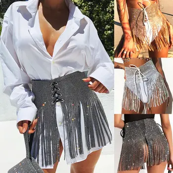 Sexy puse, Svārki, liela izmēra sieviešu apģērbu Jaunas SummerBling Sequin dimanta Pušķis Metāla Wrap Festivāls Club Mini Svārki
