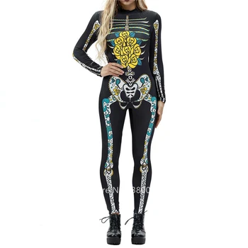 Dienā, Dead Skelets Biedējošu Kostīmu Sieviešu Šausmu Halloween Cosplay Jumpsuit Ragana Noslēpt Velns Sieviešu Modes Karnevāls Puse