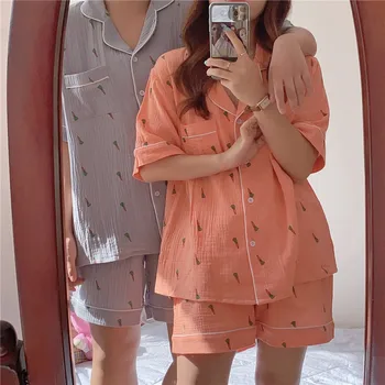 Burkānu izdrukāt pāris pidžamas komplekts ērts mīksts kokvilnas sleepwear mājas apģērbu ar īsām piedurknēm šorti ikdienas pijama uzvalks Y020