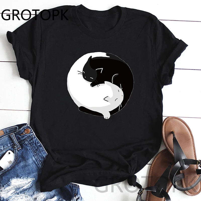 Yin Yang Kaķi Piedurknēm Drukāts Īsām Piedurknēm T-Krekls Harajuku Gadījuma T Krekli Vasaras Modes Tees Streetwear Tshirts
