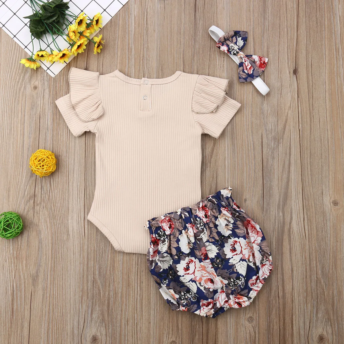 Vasaras Toddler Zīdaiņiem Jaundzimušo Bērnu Meiteņu Drēbes, Uzstādīt Kokvilnas Topi Bodysuit +Ziedu Bikses+ Galvas Apģērbs 3PCS