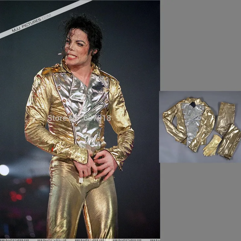 MJ Michael Jackson Vēsture SLIKTI Zelta Spandex Dubultā Krūtīm Kokvilnas Jaka, Bikses, Cimdi un Pilnīgu Izpildi Dāvanu