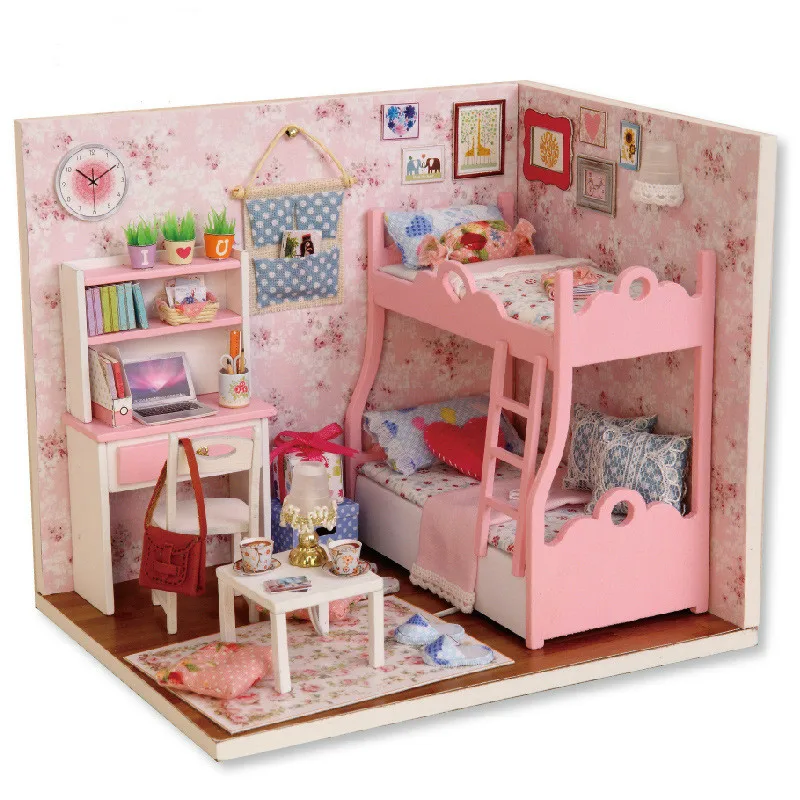 LED Rozā Meitene lelle, mājas mēbeles, mēbeles diy namiņš koks diy leļļu nams miniatūra leļļu namiņš mēbeles Komplekts bērniem mājās puzzle Rotaļlietas