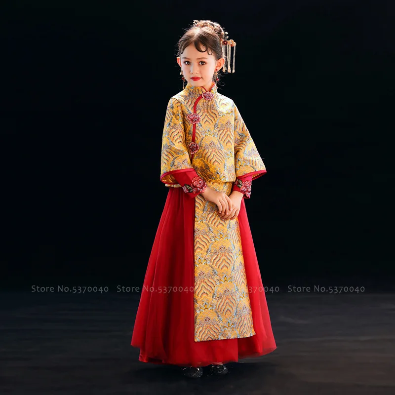 Meitenes, Tradicionālā Ķīniešu Cheongsam Hanfu Kāzu Princese Kleita Bērnu Qipao Topi, Svārki Bērniem Tang Uzvalks Puse Cosplay Kostīmi