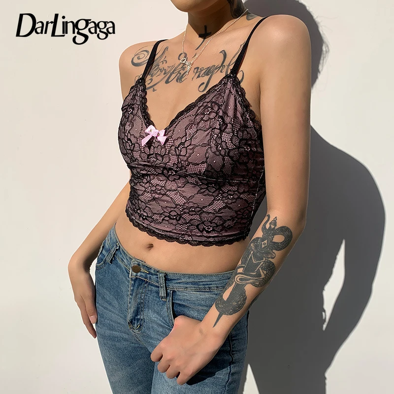 Darlingaga V Kakla Vintage Y2K Kultūraugu Top Sievietes Loku Salds Dubultā Slāņa Sexy Cami Topi Modes Siksna Dāmas Puse Vasaras Top Apgriezts