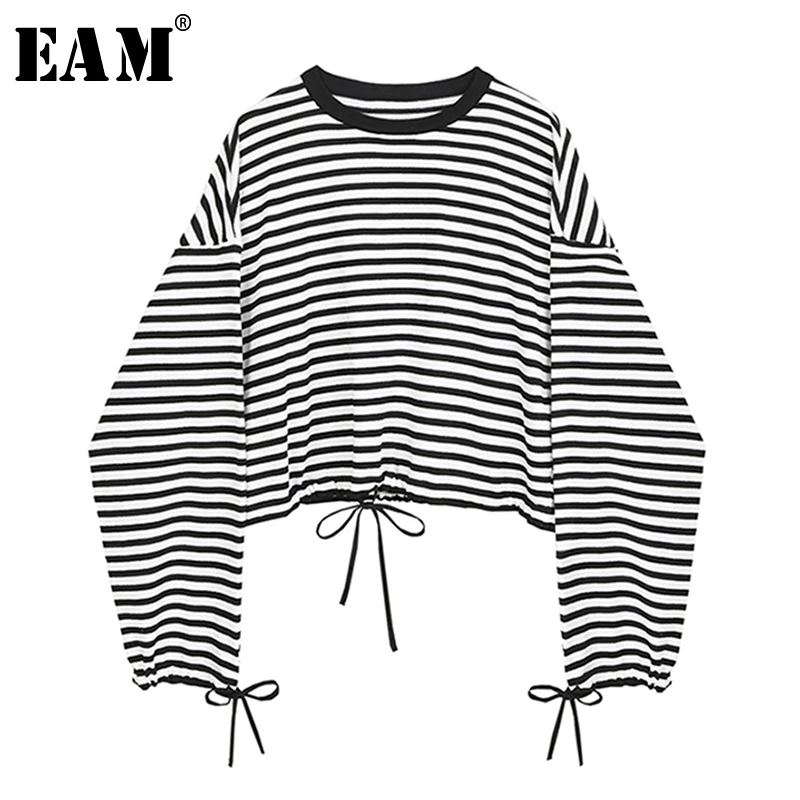 [EAM] Sieviešu Melns Svītrains Aukliņu Adīšanas Liela Izmēra T-krekls Jaunu Apaļu Kakla garām Piedurknēm Modes Jūra Pavasara Rudens ir 2021. 1Y850