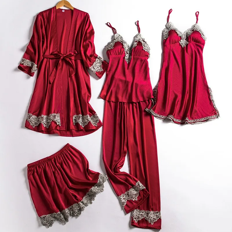 Sieviešu Satīna 5GAB Nighty&Drēbes Uzvalku Peldmētelis Kimono Kleita Gadījuma Intīmas Apakšveļa Nightdress Mežģīnes Miega Komplekts Naktsveļu Naktskrekls