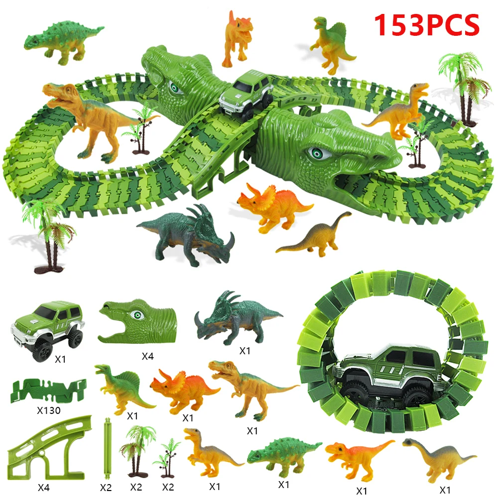 153Pcs Atdzist Jaunu Dinozauru Sacensību Sliežu Ceļu Dzelzceļa Burvju Sacīkšu Trasē Uzstādīt Rotaļu Līkumu Elastīgu Lējumiem Transportlīdzekļa Rotaļlietas bērniem