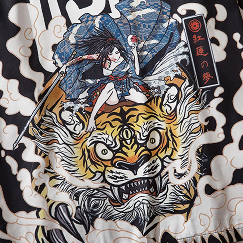 ELKMU Harajuku Japāņu Kimono Jaka Jaka Vīriešiem Hip Hop Tiger Samuri Drukāt Jaka Streetwear Vasaras Plānas Kimono Vīriešu HE159