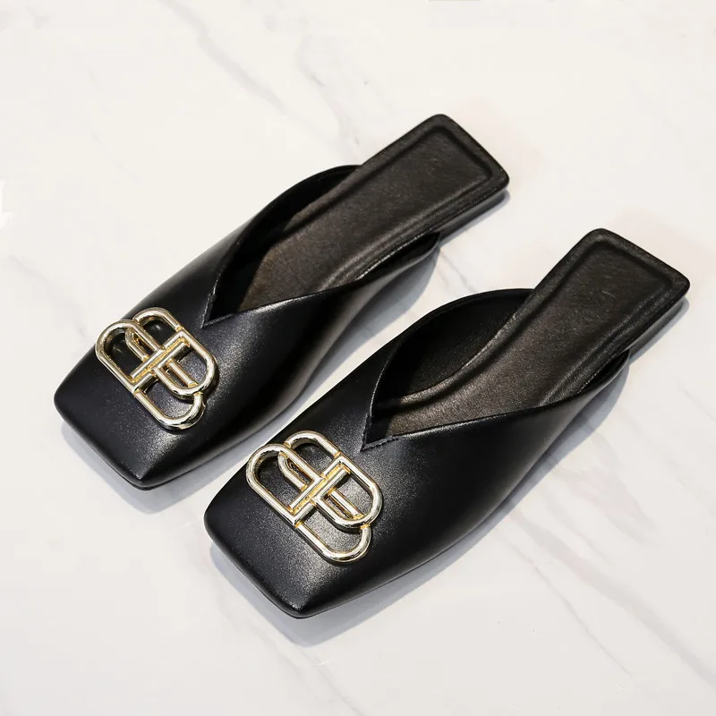 Modes sieviešu čības melnā Gadījuma dzīvoklis ar sieviešu kurpes ar Kvadrātveida galvu ārējā valkāt Vasaras sandales Slaidu Sieviešu obuv