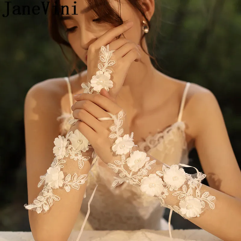JaneVini Netz Handschuhe Pērles Kāzu Cimdi Līgavai Balta Mežģīņu Roku darbs Ziedi Fingerless Tilla Sexy Līgavas Gari Cimdi