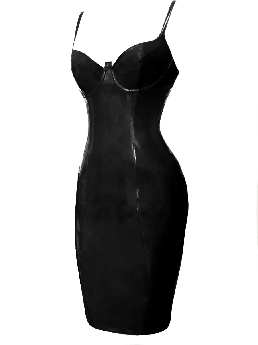 Sieviešu Sexy Slapjš Izskatās Sarkans Melns Lateksa PVC Kleita Linga Rāvējslēdzēju Līdz Clubwear
