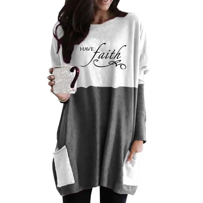 Jaunas Ielidošanas Jēzus Bībelē T-Krekls Sievietēm Ir Ticība Burtiem Drukāt Garām Piedurknēm Izšūšanas Kabatas T-Krekls Gadījuma Plus Lieluma Galotnēm