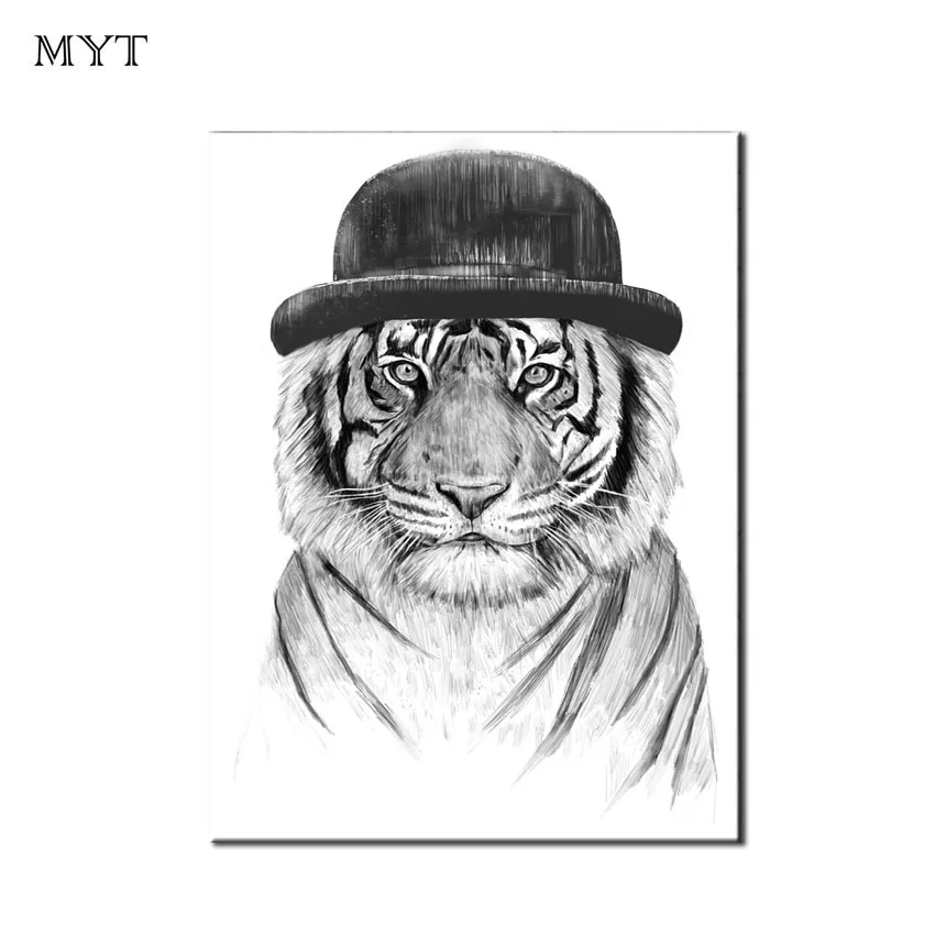 Bezrāmju roku darbs Tiger valkājot cepuri uz Audekla Mākslas karikatūra Eļļas Gleznas, Plakāti, Attēli uz dzīvojamo istabu Mājas Sienas Dekori