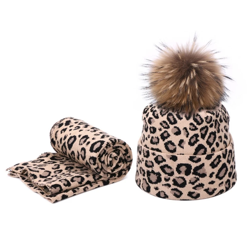 2gab Ziemas Sievietes Pompon Beanie Cepure, Šalle Komplekts Leoparda Siltu Mākslīgās Kažokādas Pom Pom