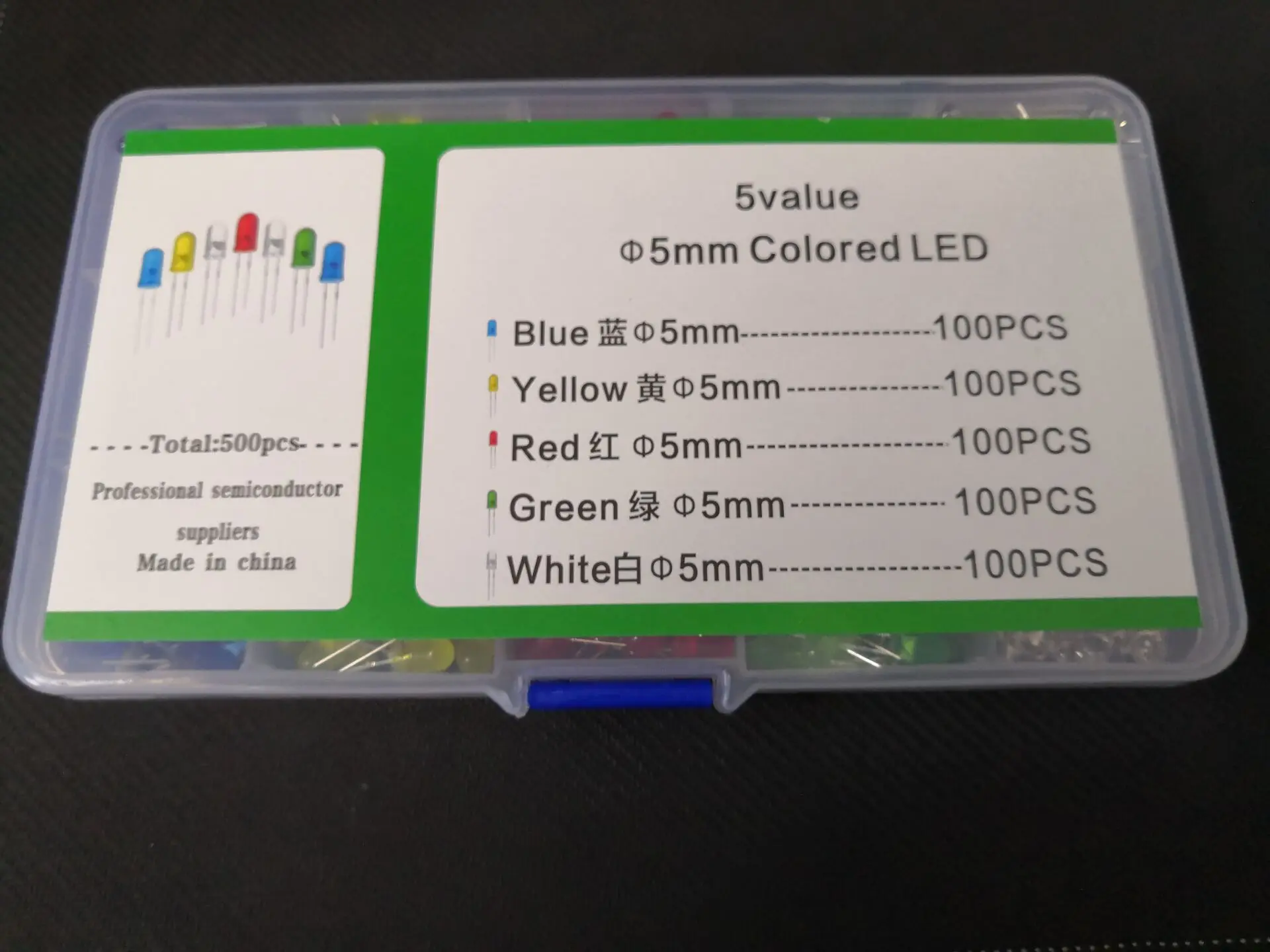 5 Krāsas x 100gab=500Pcs LED Diožu Komplekts 5MM F5 Samaisa Color 5 Vērtībā, Dzeltena, Zila, Balta, Sarkana Zaļa+ 1 KĀRBA Sortimentu pack set
