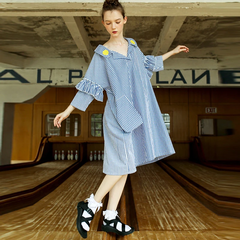 Imakokoni zilā un baltā svītrainām vidēja garuma kleita sieviešu vasaras oriģināls sieviešu apģērbu plašu gadījuma brīvs