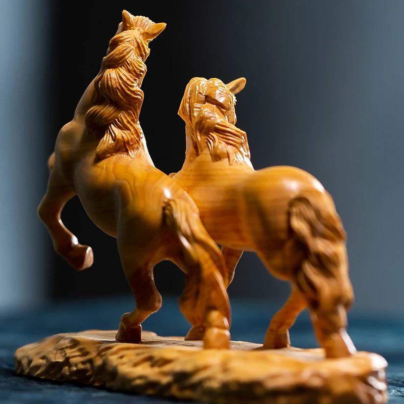 Dubultā Zirgu Statuja Koka Ķīnas Bagātība Zirgu Statuja Mājas Dekorēšanas Piederumi Biroja Galda Dekori Budas Rotājumi