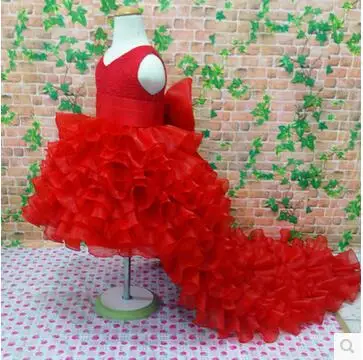 2017 Red Flower Girl Kleitas Augsta Zema karoti piedurknēm Grīdas Garums Satīna Tilla Bumbu Kleita Bērni Kāzu Kleitas