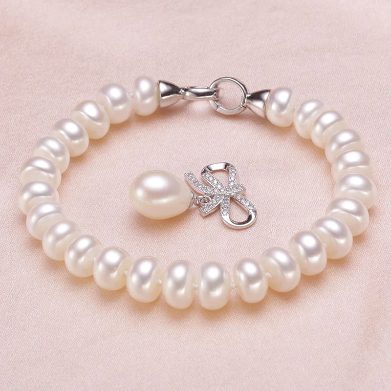 Kāzu saldūdens pērļu rotu komplekts sievietēm,īstu dabīgo pērļu kaklarotu rotaslietas komplekti māte jubilejas dāvanas, balts