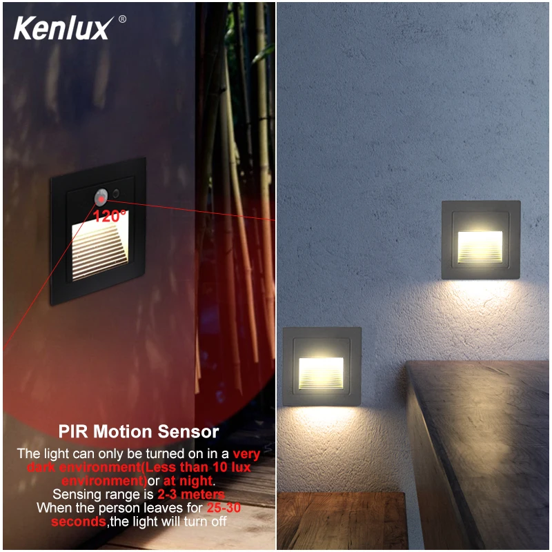 Led Sensora kāpņu gaismas padziļinājumā solis gaismas 3W kvadrātveida & apaļā āra & iekštelpu ūdensizturīgs modes sienas stūra lampas, nakts lampas