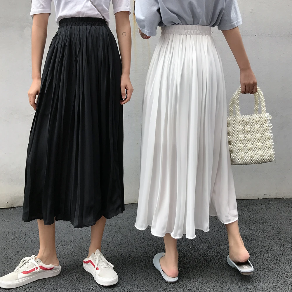 Sieviešu Šifona Kroku Svārki Vintage Augsta Vidukļa Elegants Melns Balts Ilgi Sieviete Dāmas 2019 Vasaras Valkāt Stila Jupe Femme Svārki