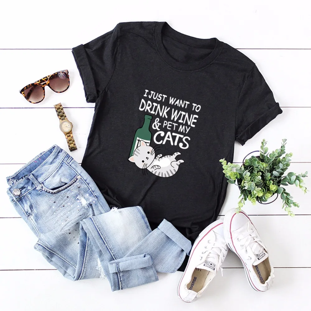 Plus lieluma 2019 Jauno Vasaras Piedzēries karikatūra kaķis Print T-krekls Sievietēm Smieklīgi modes Tshirt Īsām Piedurknēm Liela izmēra Gadījuma Meitene, Topi, t-veida