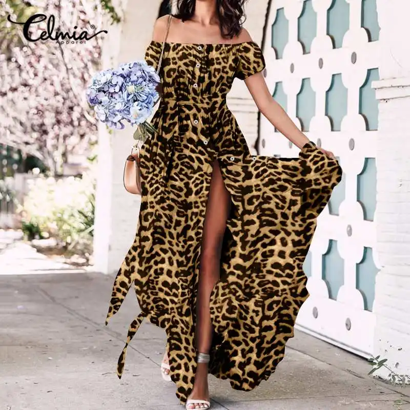 S-5XL Vasaras Celmia Ruffles Kleita Sievietēm Sexy Pie Pleca Leopards Drukāt Ilgi Maxi Sundress Pogas Puse Vestidos Drēbes Femme 7