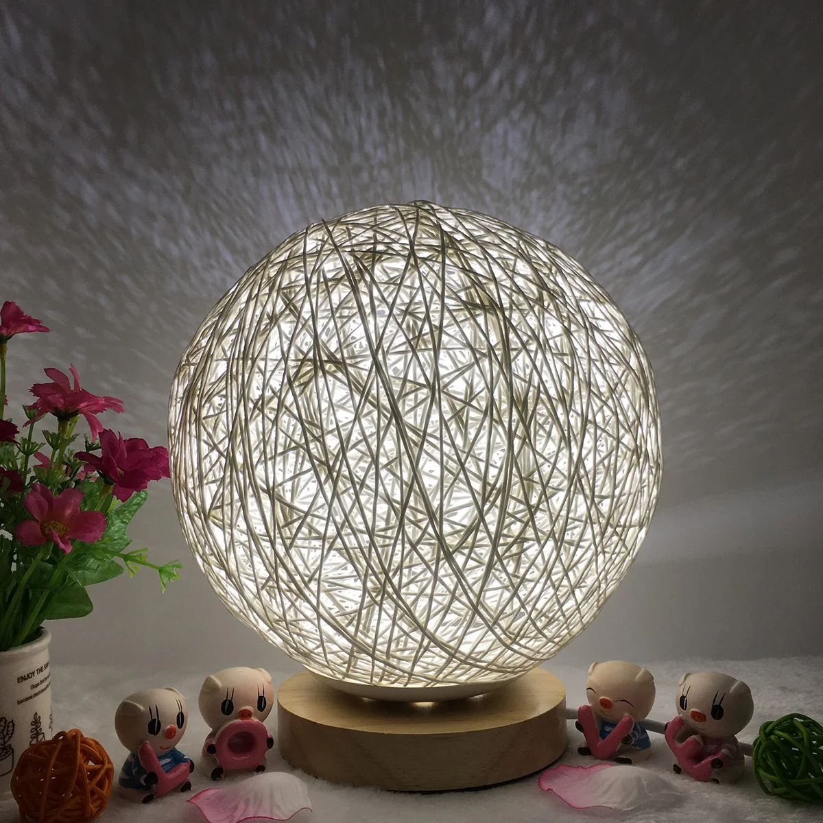 Radošo Roku Adīt Abažūrs Koksnes Mēness Lampa USB Guļamistabas Mājās, Kāzu Dekorēšana Moonlight Nakts Gaisma