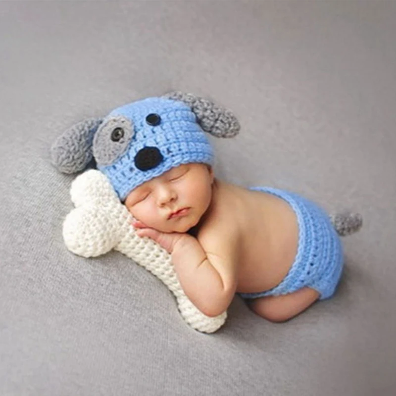 Jaundzimušā bērna 1. Dzimšanas dienas Foto Prop Roku darbs Austs Gudrs Suns Auss Tamborēšanas Zilas Bikses Set + Kaulu Rotaļlietas Mazulis 0-6 mēneši