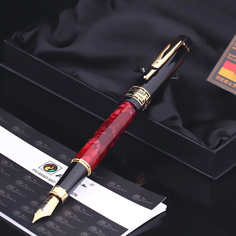 Pikaso 915 Pimio Marmora Celuloīda Fountain Pen 22KGP Vidējā Nib Rose Red Eirāzijas Jūtas Dāvanu Kastē Izvēles Rakstot Dāvanu Pildspalvas