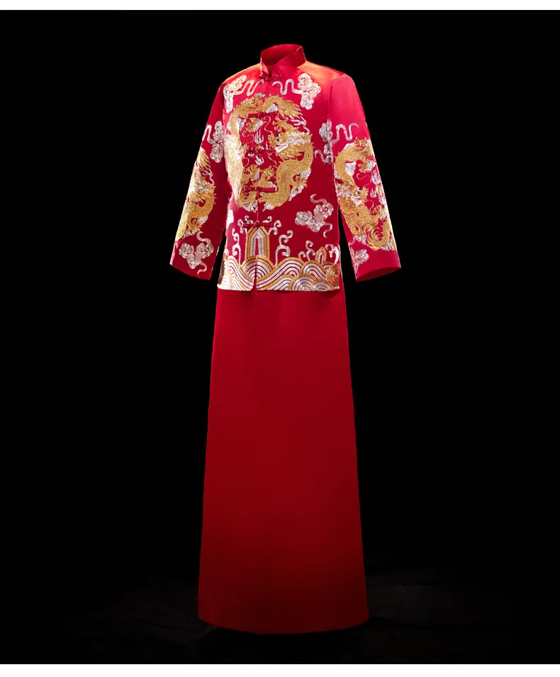 Sarkanā Līgavainis Vintage Zaudēt Cheongsam Tradicionālā Ķīniešu Kāzu Kleita Satīna Qipao Izšuvumi Pūķa Kostīms Vestido Austrumu Mens