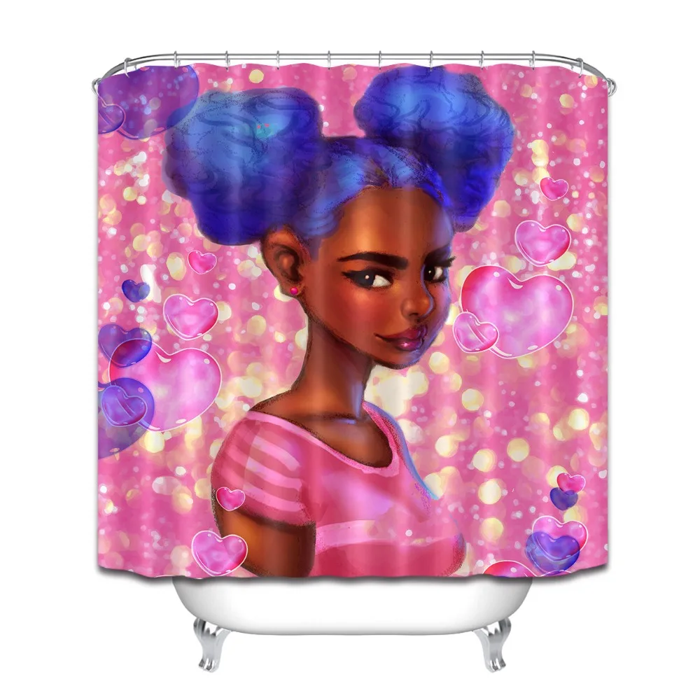 Āfrikas Amerikāņu Sieviete Dušas Aizkars Afro Matu Meitene, Spīdīgi Sirds Ūdensizturīgu Poliestera Audumu, Vannas istabas Dekori Aizkaru 12Hooks Komplekts