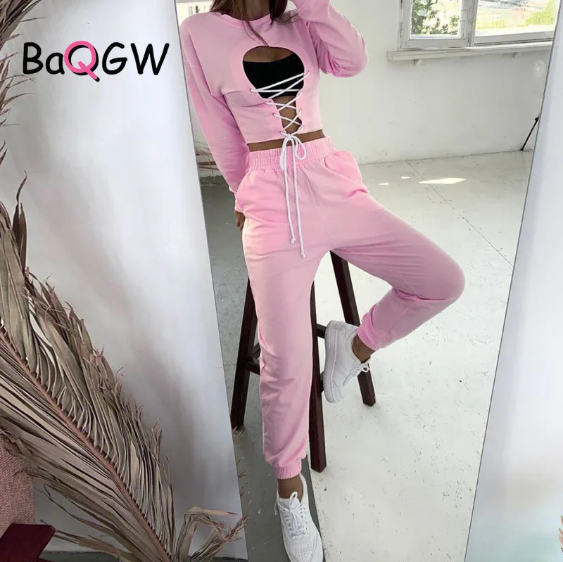 BaQGW Iela Darbības Divas Gabals Apģērbs Sievietei Sexy Dobi No Pārsējs sporta Krekls & Harēma Bikses Gadījuma Fitnesa 2 Gabals, kas