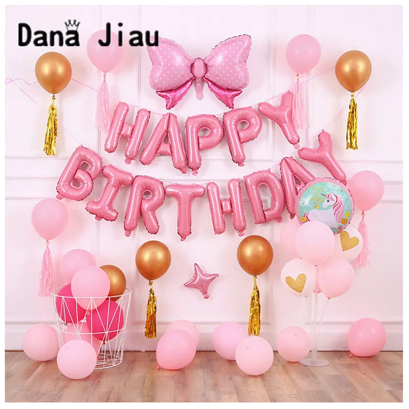 DanaJiau JAUNU HAPPY BIRTHDAY party komplekts balons rozā tēma meitene, 5 gadus veca dāvanu zelta lateksa baloni blue boy baby dušas dekori