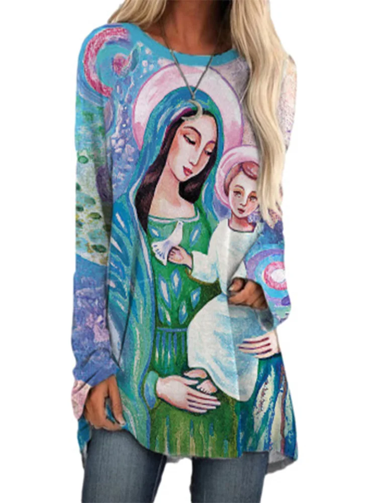 Pavasarī, Vasarā Ir 2021. Karstā Pārdošanas Kristietis, Jaunava Marija, Jēzus Drukāt Gadījuma garām Piedurknēm augstu uzrullētu apkakli Apaļu Kakla Slim Sieviešu Top T-krekls