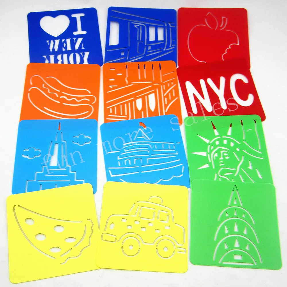 12Designs/set NewYork Šabloni krāsošanai Bērniem zīmēšanas veidnes Plastmasas dēļi bērnu karstā rotaļlietas children128x128x0.6mm