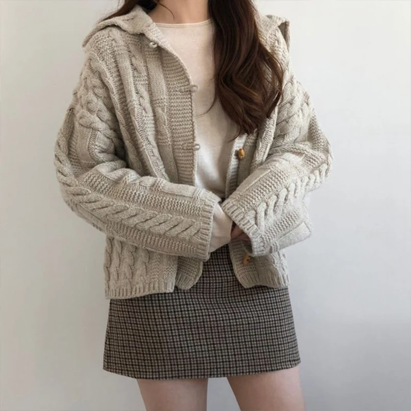 Rudens / ziemas 2020 adītu kapuci jaka sieviešu džemperis korejas īss smago vilnas svīteris vaļīgi gadījuma modes