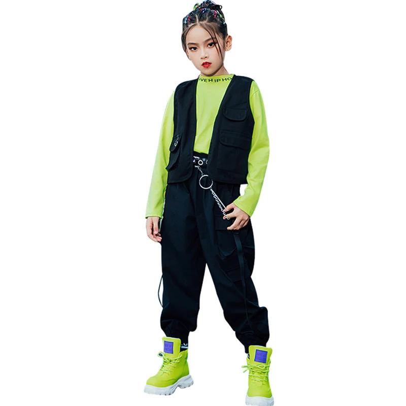 Zēni, Hip Hop Tērpi Meitenēm Džeza Liecina, Apģērbu Zaļš Krekls Melnā Veste Bikses Gadījuma Bērniem Valkāt Balles Deju Apģērba BL5313