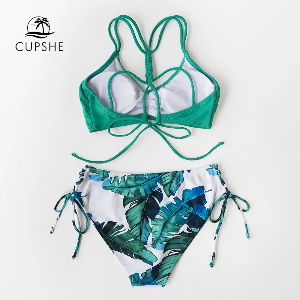 CUPSHE Zaļo un Lapu Drukas Strappy Bikini Komplekti, Seksīgas Mežģīnes Up Peldkostīms Divi Gabali Peldkostīmi Sievietēm Ir 2021. Jaunā Pludmales Peldvietu Uzvalki
