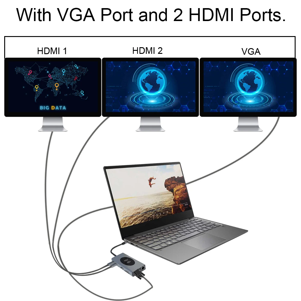 14 1 USB HUB Mulitfunction USB C Tipa Adapteris dokstacija ar 2 HDMI 5 USB Porti, USB-C Doks ir Savietojams ar MacBook