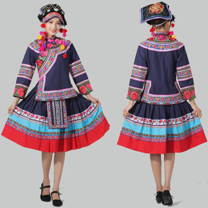 Ķīniešu etniskās Apģērbu zilā Hmong Miao kostīmu izšūti Valsts Deju skatuves valkāt austrumu festivāls darbības kostīmi