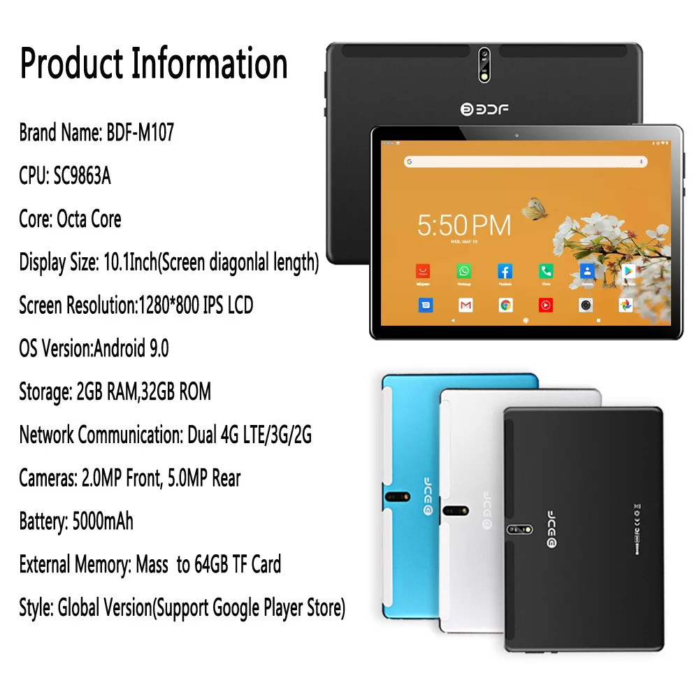 BAF Planšetdatora 10.1 Collu Android 9.0 Tabletes RAM, 2 GB ROM, 32 GB SC9863A Octa Core 1280*800 IPS Bluetooth GPS 4G LTE Tīkla Tablet Pc