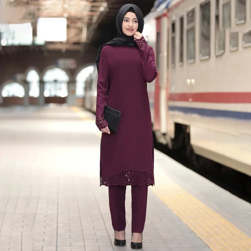 WEPBEL Musulmaņu Sievietes 2 Gabals, kas Tērpiem Arābu Dubaija Ramadāna Islāma Apģērbu ar garām Piedurknēm, Cieta Mantija Divas Gabals, kas Top un Bikses
