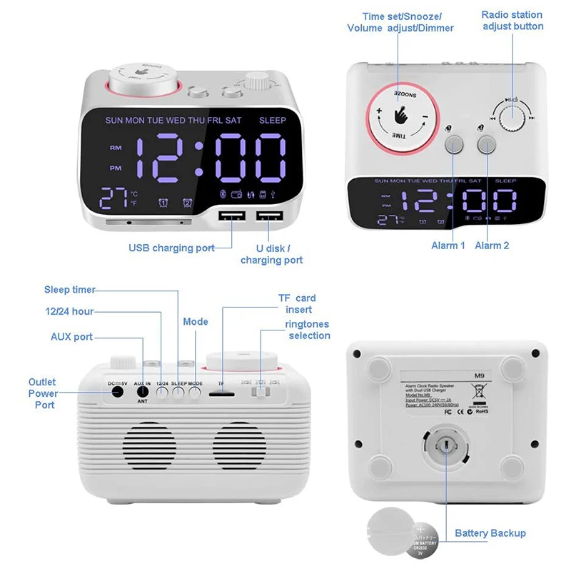 Digitālais Modinātājs, Radio, Bluetooth Skaļruni,12/24 H,Reostats,Dual Alarm,Atlikt,Termometrs,Miega Taimeris, Balts ASV Plug