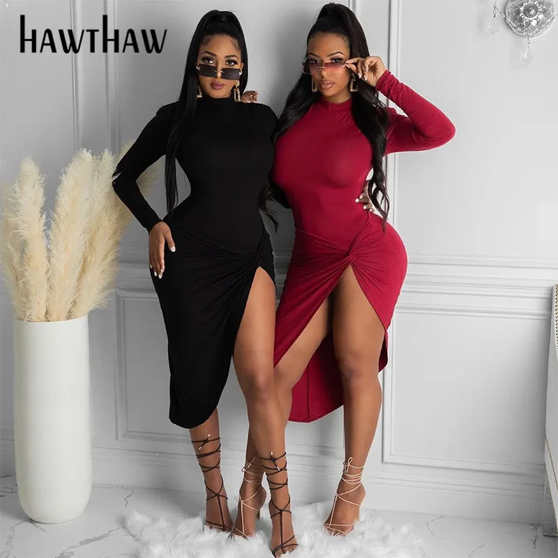 Hawthaw Sieviešu Rudens Ziemas Garām Piedurknēm Soild Krāsu Grupa Kluba Bodycon Atvērt Dakša Sadalīt Kleita 2020. Gadam Ietilpst Apģērbu Streetwear